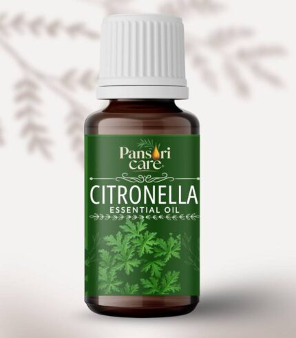 Pansari Care Citronella Essential Oil bottle with fresh citronella grass.