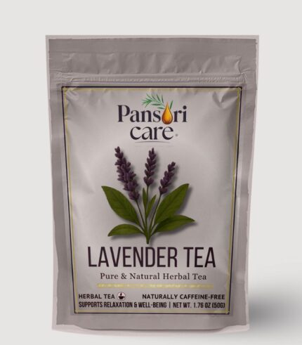 Pansari Care Lavender Tea in a clear glass teacup, with dried lavender buds and a fresh sprig.