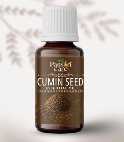 Pansari Care Cumin Essential Oil bottle with whole cumin seeds and ground cumin powder.