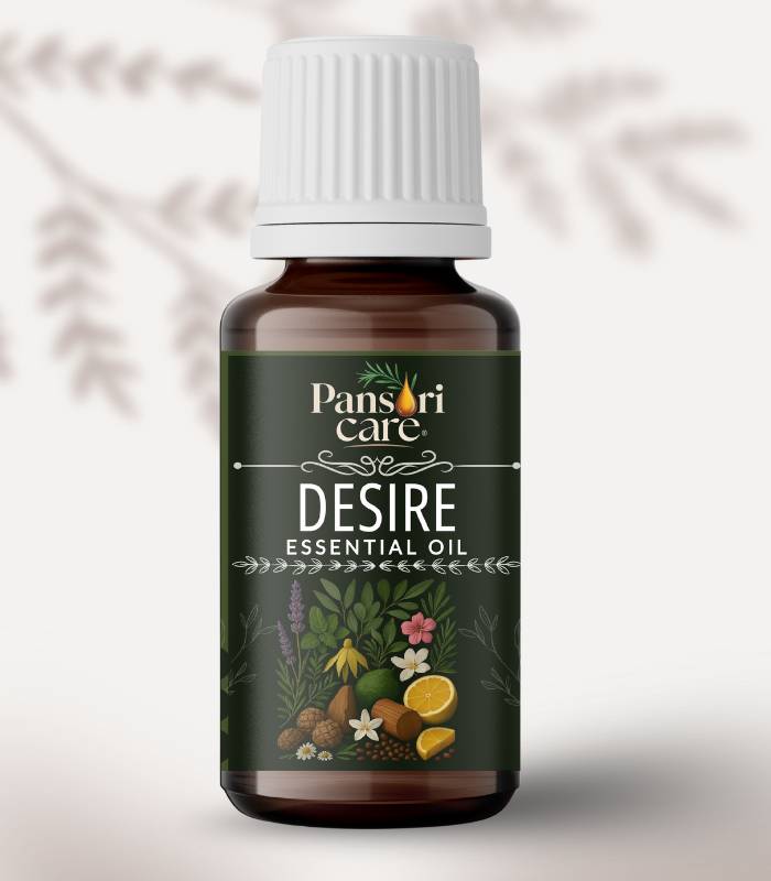 12 A bottle of Pansari Care Desire Essential Oil blend with dried flowers and a sparkling bottle.