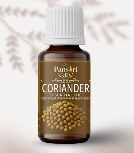 Pansari Care Coriander Essential Oil bottle with whole coriander seeds and fresh cilantro leaves.