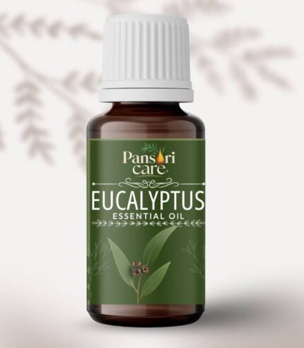 Pansari Care Eucalyptus Essential Oil bottle with fresh eucalyptus leaves.