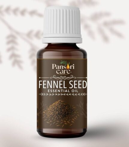 Pansari Care Fennel Seed Essential Oil bottle with whole fennel seeds and a fennel bulb.