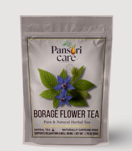Pansari Care Borage Flower Tea in a glass teacup, with fresh and dried borage flowers.