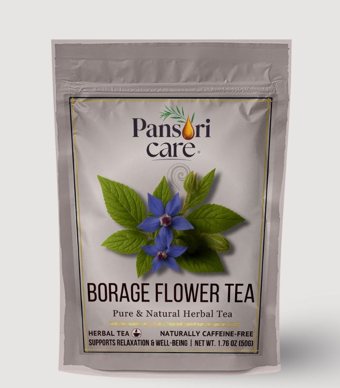 16 Pansari Care Borage Flower Tea in a glass teacup, with fresh and dried borage flowers.