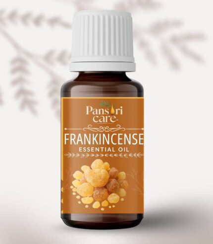 Pansari Care Frankincense Essential Oil bottle with frankincense resin tears and smoke.