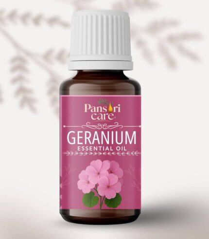 Pansari Care Geranium Essential Oil bottle with fresh pink geranium flowers