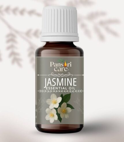 Pansari Care Jasmine Essential Oil bottle with fresh white jasmine flowers.