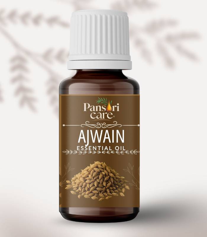 Pansari Care Ajwain Essential Oil bottle with ajwain seeds and leaves.