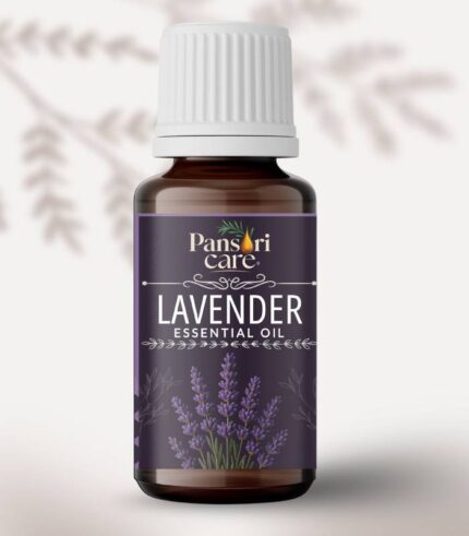 Pansari Care Lavender Essential Oil bottle with fresh purple lavender flowers.