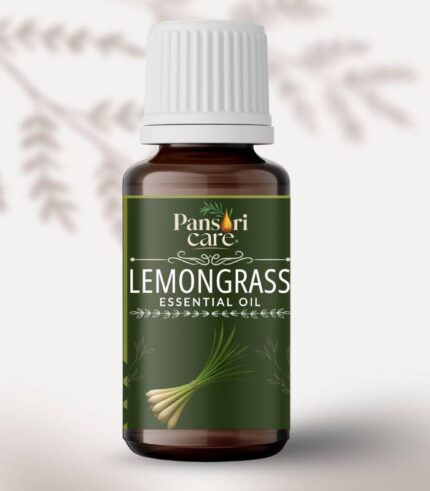 Pansari Care Lemongrass Essential Oil bottle with fresh lemongrass stalks.