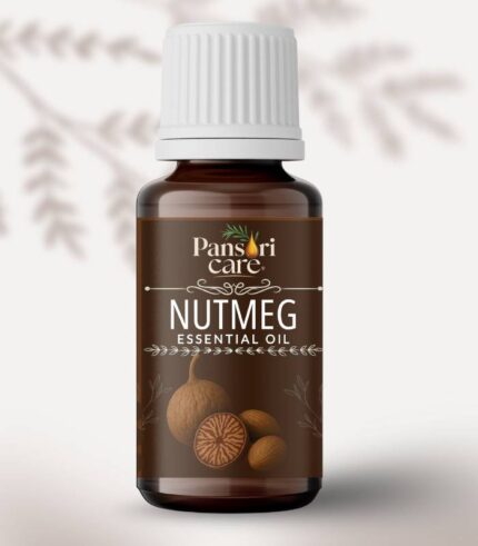 Pansari Care Nutmeg Essential Oil bottle with whole nutmeg seeds and a grater.