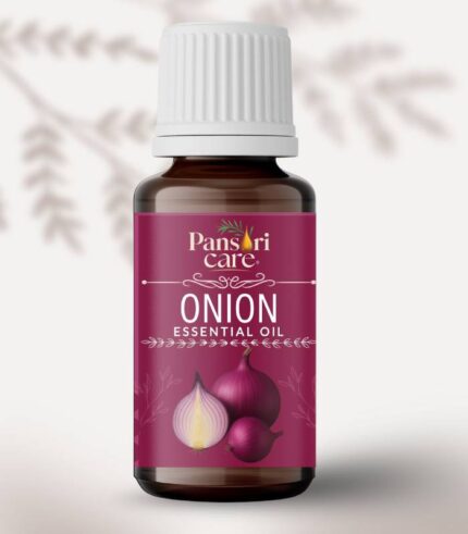 Pansari Care Onion Essential Oil bottle with fresh red and white onions and cloves