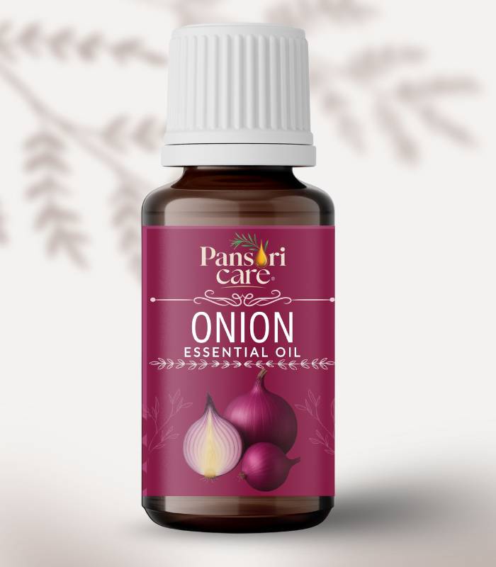 Pansari Care Onion Essential Oil bottle with fresh red and white onions and cloves Pansari Care Onion Essential Oil bottle with fresh red and white onions and cloves