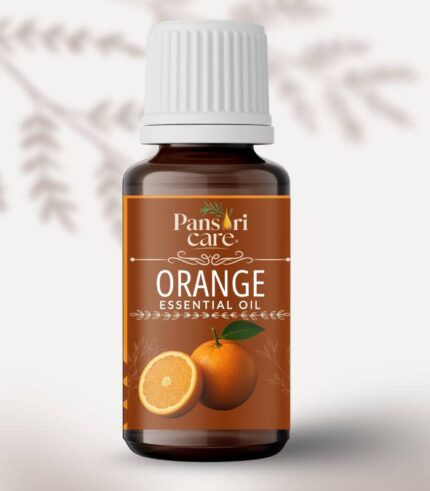 Pansari Care Orange Essential Oil bottle with fresh yellow oranges and a pile of orange peels.