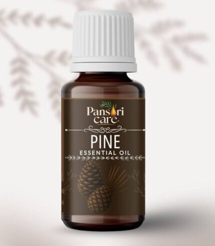 Pansari Care Pine Essential Oil bottle with fresh pine needles and a few pine cones.