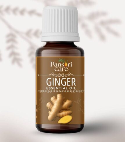 Pansari Care Ginger Essential Oil bottle with fresh ginger rhizome slices and a grater.