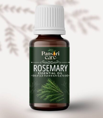 Pansari Care Rosemary Essential Oil bottle with fresh rosemary sprigs.