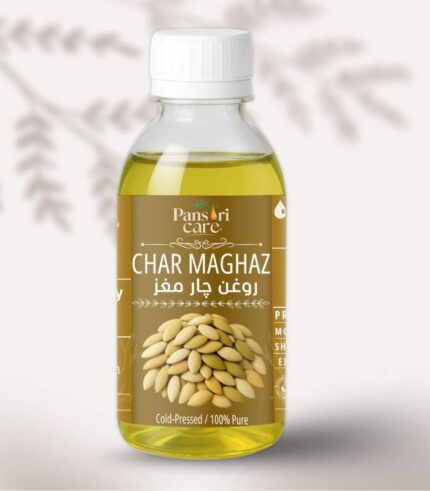 Pansari Care Char Maghaz Oil bottle and color mockup in a PET bottle.