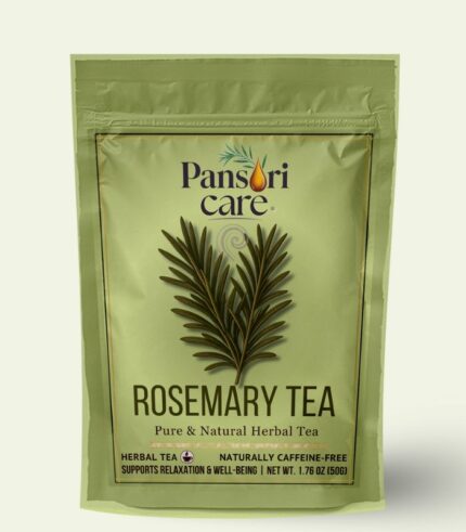Pansari Care Rosemary Tea in a clear glass mug, with fresh rosemary sprigs and a teapot.