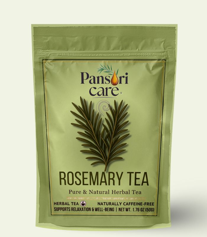 6 Pansari Care Rosemary Tea in a clear glass mug, with fresh rosemary sprigs and a teapot.