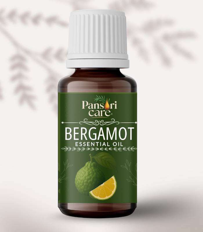 6 Pansari Care Bergamot Essential Oil bottle with fresh bergamot fruit and leaves.