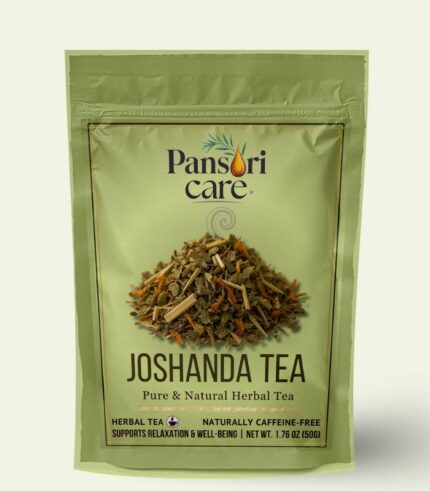 Pansari Care Joshanda Tea in a traditional clay cup, with a mix of dried herbs like licorice root and violet flowers.