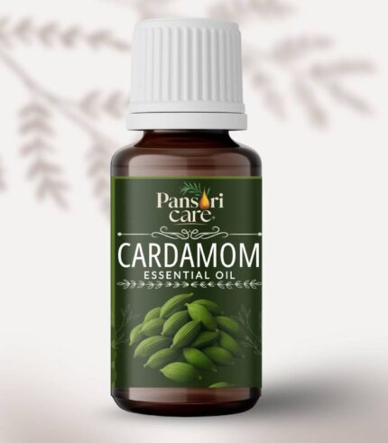 Pansari Care Cardamom Essential Oil bottle with whole cardamom pods and seeds.