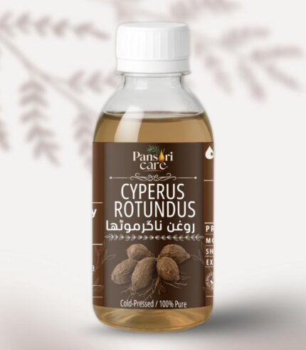 Pansari Care Cyperus Rotundus Oil (Nagarmotha) Cyperus Rotundus bottle with nagarmotha roots.