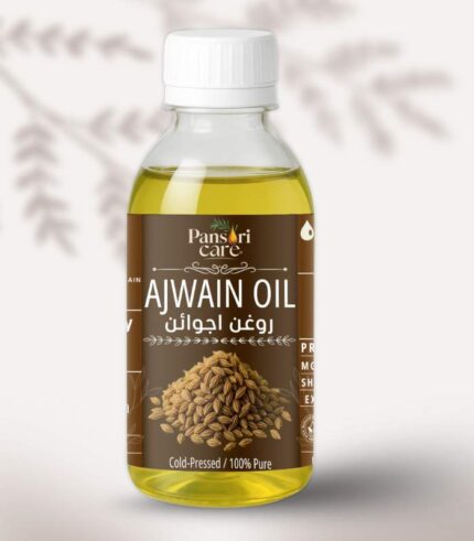 Pansari Care Ajwain Oil bottle and mockup showing Ajwain seeds.