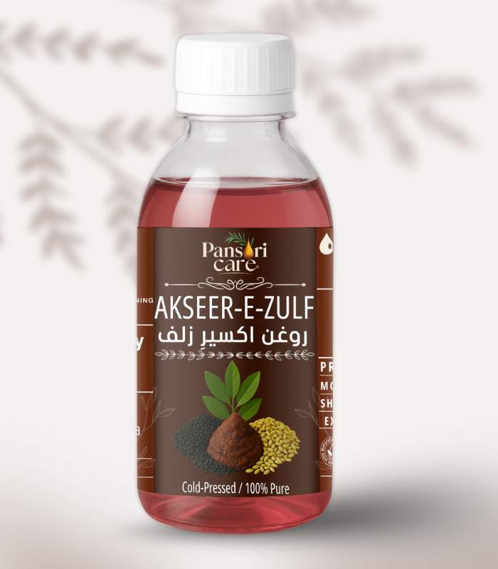 akseerzulf Pansari Care Akseer e Zulf Oil bottle and mockup showing healthy hair strands.