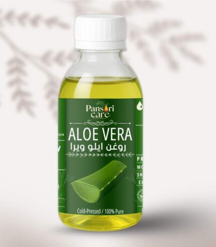 Pansari Care Aloe Vera Oil bottle with fresh aloe vera leaves.