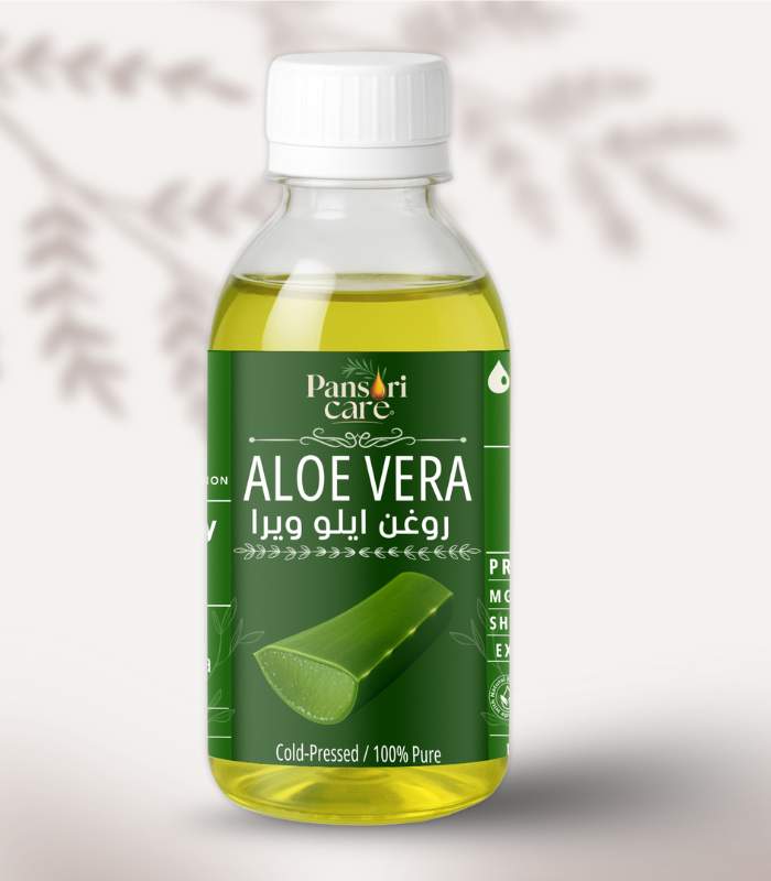 Pansari Care Aloe Vera Oil bottle with fresh aloe vera leaves.