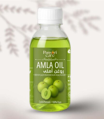Pansari Care Amla Oil bottle and color mockup in a PET bottle.