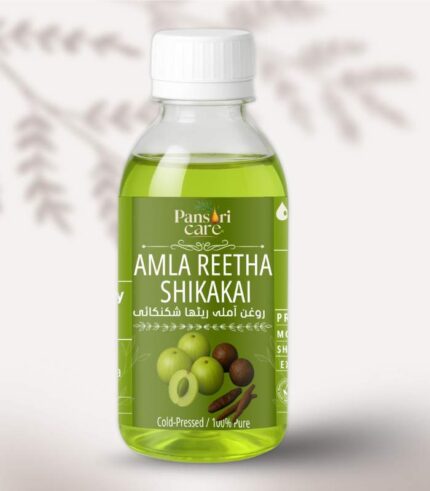Pansari Care Amla Reetha Shikakai Oil bottle with Amla, Reetha, and Shikakai herbs