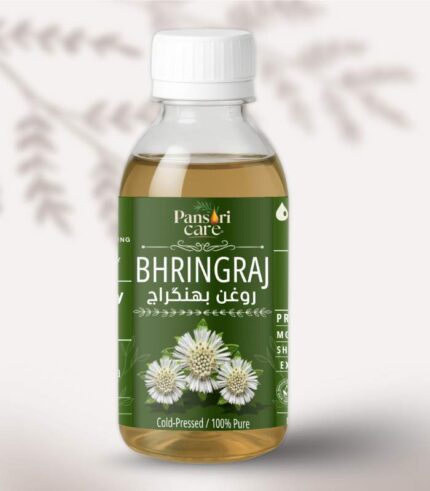 Pansari Care Bhringraj Oil bottle with fresh Bhringraj leaves and flowers.