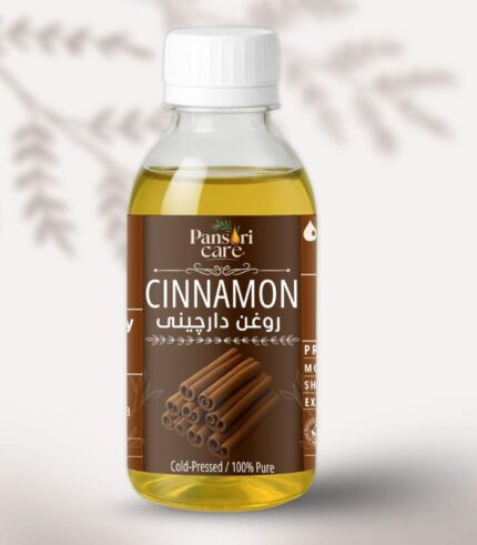 Pansari Care Cinnamon Oil bottle with cinnamon sticks and a cinnamon powder.