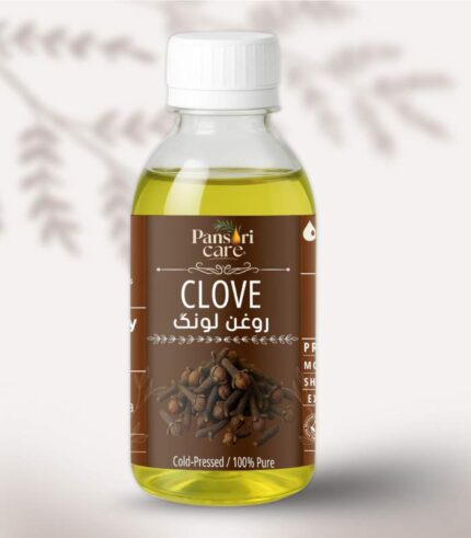 Pansari Care Clove Oil bottle with fresh and dried clove buds.