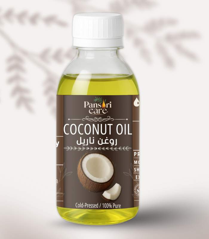 cocnut Pansari Care Coconut Oil bottle with fresh coconuts and a dollop of solid oil.