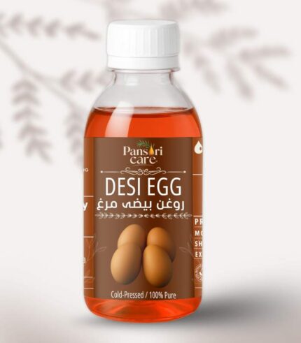 Pansari Care Desi Egg Oil bottle with fresh eggs and egg yolks