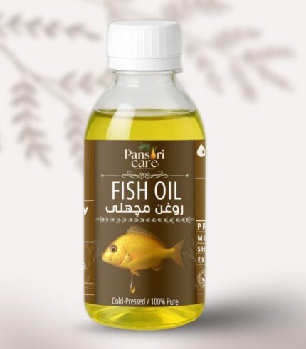 Pansari Care Fish Oil bottle with a few fish and a bowl of the oil