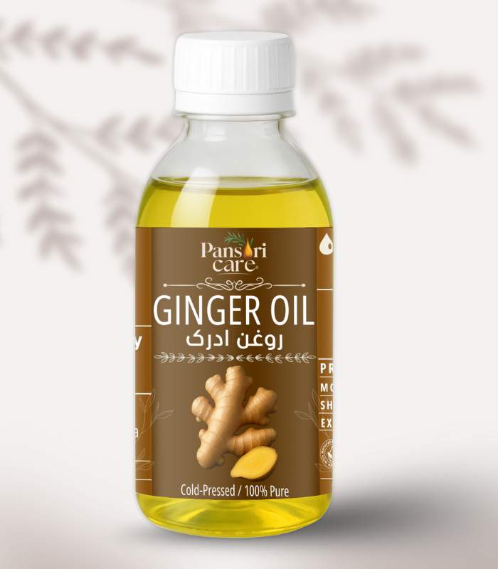 ginger Pansari Care Ginger Oil bottle with fresh ginger roots and sliced ginger.