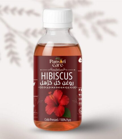 Pansari Care Hibiscus Oil bottle with a fresh red hibiscus flower and leaves.