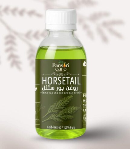 Pansari Care Horsetail Oil bottle with fresh horsetail plants