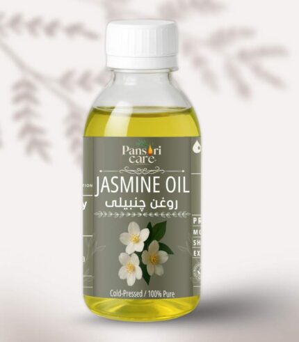 Pansari Care Jasmine Oil bottle with fresh jasmine flowers.