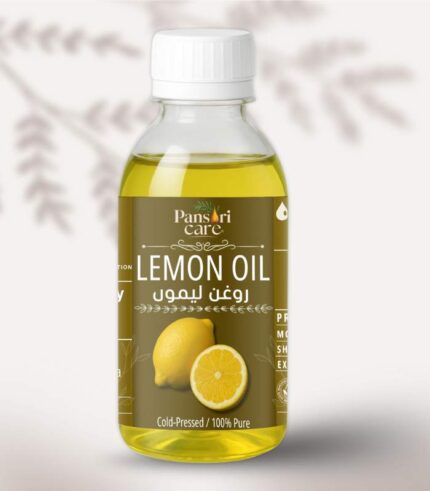 Pansari Care Lemon Oil bottle with fresh lemons and a lemon slice.