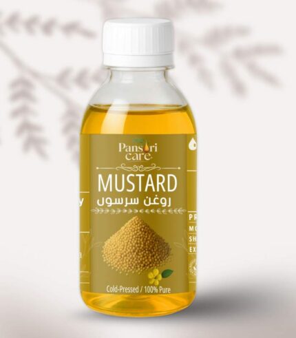 Pansari Care Mustard Oil bottle with fresh mustard seeds