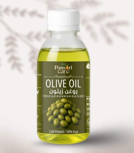 Pansari Care Olive Oil bottle with fresh olives and olive branches.