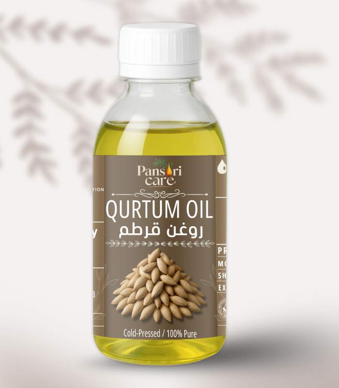 qurtum Pansari Care Qurtum Safflower Oil bottle with fresh safflower petals and seeds.