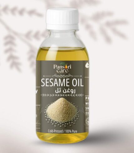 Pansari Care Sesame Oil bottle with fresh sesame seeds.